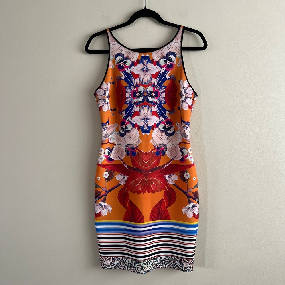 Clover Canyon Neoprene Scuba Dress Kaleidoscope Floral Orange Bodycon L